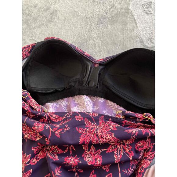 Lands End Red Floral Print Ruched V Neck Adjustable Straps Tankini Top Swimwear - Picture 4 of 5